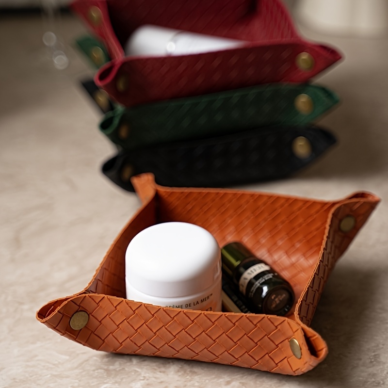 2pcs multi use woven faux leather jewelry organizer makeup storage box foldable travel cosmetic case with compartments multicolor portable dressing table organizer for earrings rings keys   entryway valet tray countertop decor