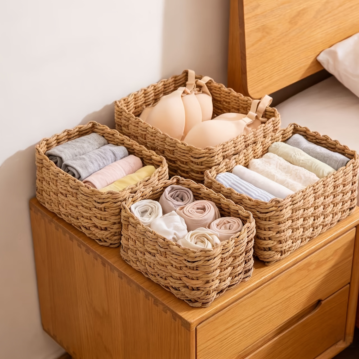 4pcs Woven Storage Basket, Decorative Storage Baskets Set, Multifunctional Storage Box, Storage Rack, Bathroom Bedroom Living Room Accessories, Home Organization And Storage Supplies, Room Decor, Shelf Baskets