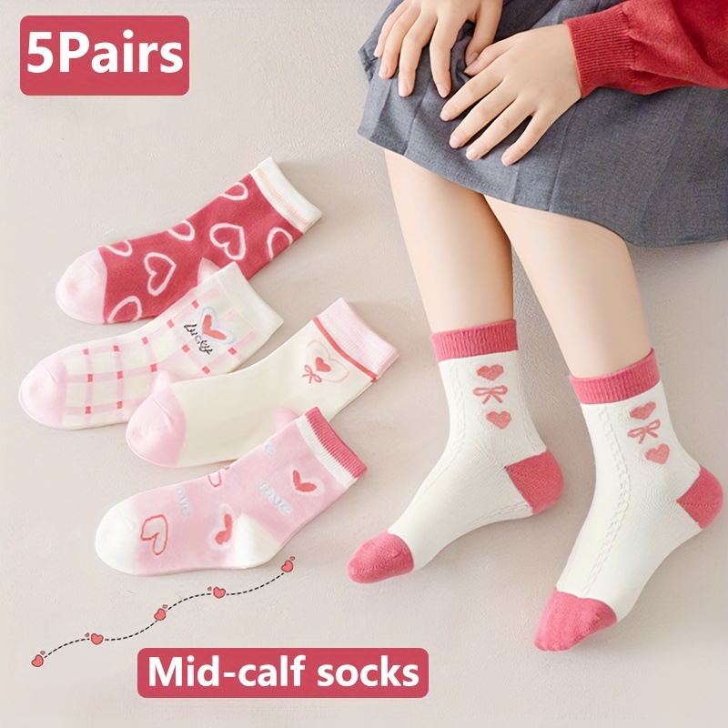 

5 Pairs Girls Hearts Love Pattern Cute Girls Socks, 4 Seasons Cream Style Kids Socks, Suitable For 0-14 Years Old