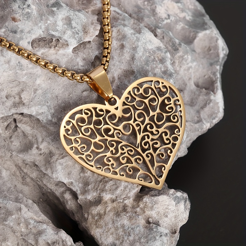 TEMU Collier avec pendentif en acier inoxydable 304 304 304 304, arbre de vie sculpté de cœur, bijou de mode pour couples, hommes et femmes