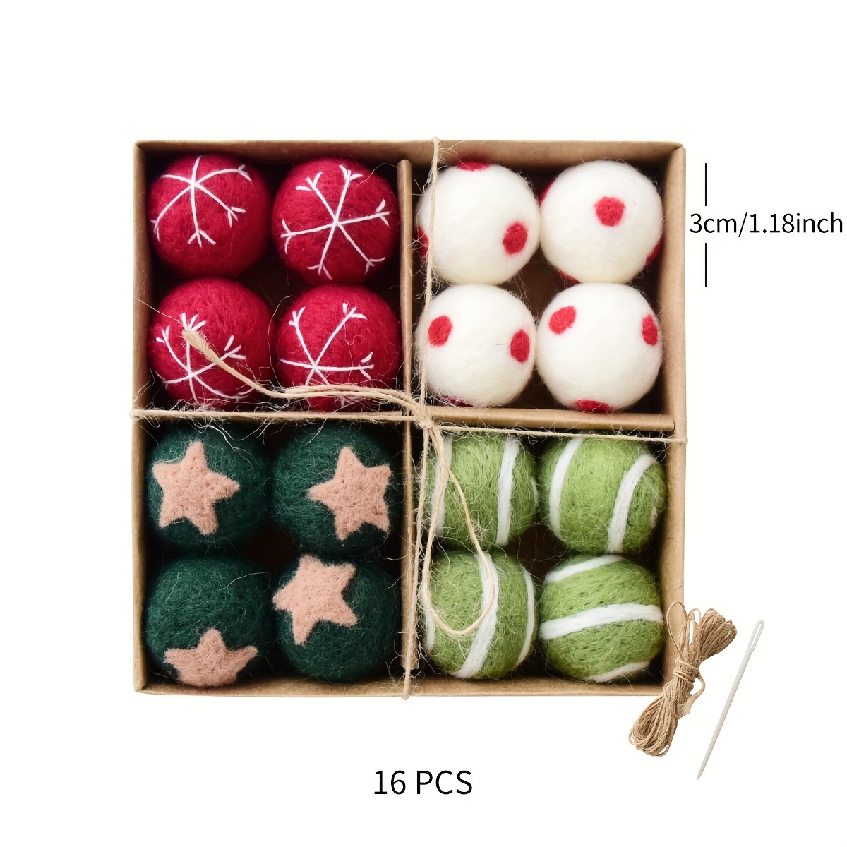Image of A Box Of 16, Christmas Ornaments, Wool Felt Christmas Ball Pendants, Suitable For Christmas Trees, Christmas, Thanksgiving, And Festive Party Decorations