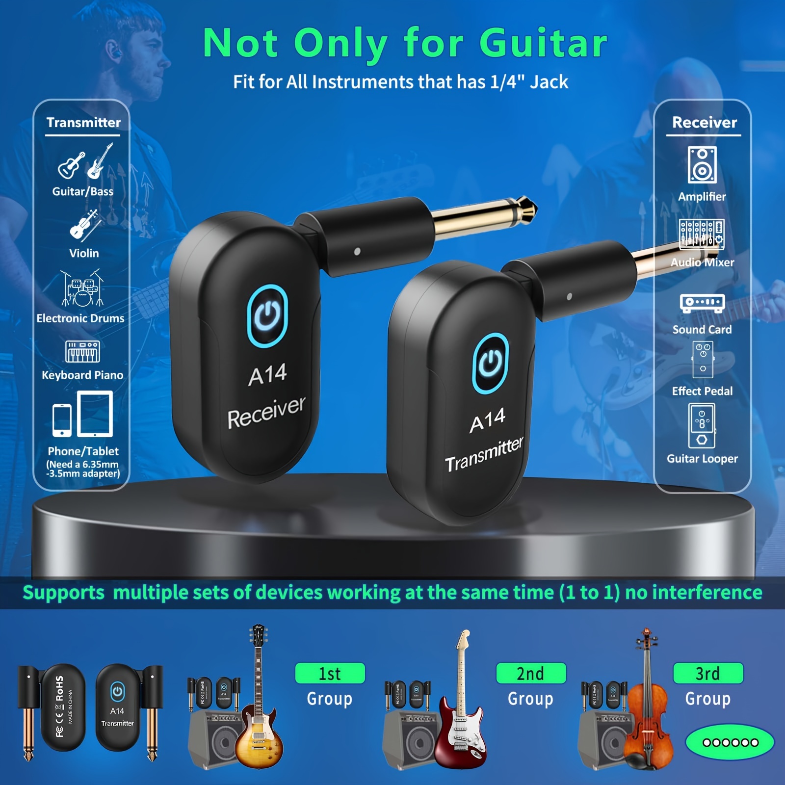 E-Gitarren Funk System 2,4GHz – Sender & Empfänger Set, 30 M Reichweite, 8 Std. Akku, Mit Drehbarem Stecker
