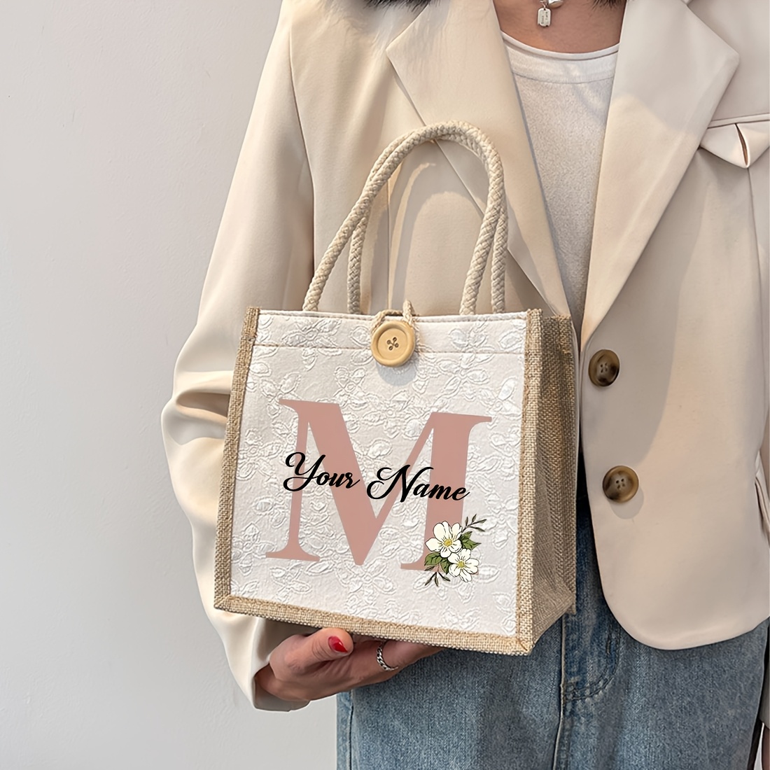 TEMU Customizable Tote Bag, Featuring Letters A-z And Floral Prints, Customizable , Bag, Personalized Mini Handbag, Suitable For Weddings, Birthdays,