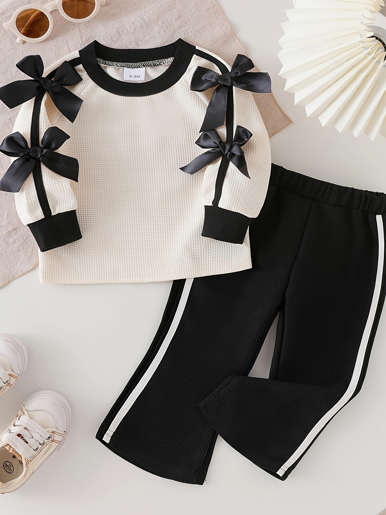 girls 2pcs long sleeve black flared pants set with bow decor for spring autumn   outdoor Product details 5