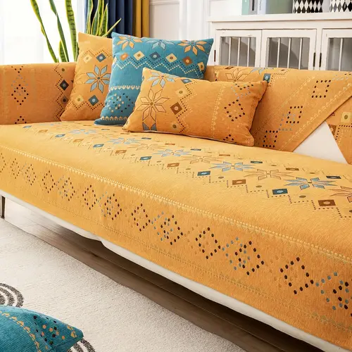 1pc bohemian chenille sofa cover with geometric embroidery non slip pet friendly furniture protector thick plush soft fabric for 3 seater single double or sectional sofas machine washable for living room bedroom or office decor office sofa cover plush texture material couch covers for sofa