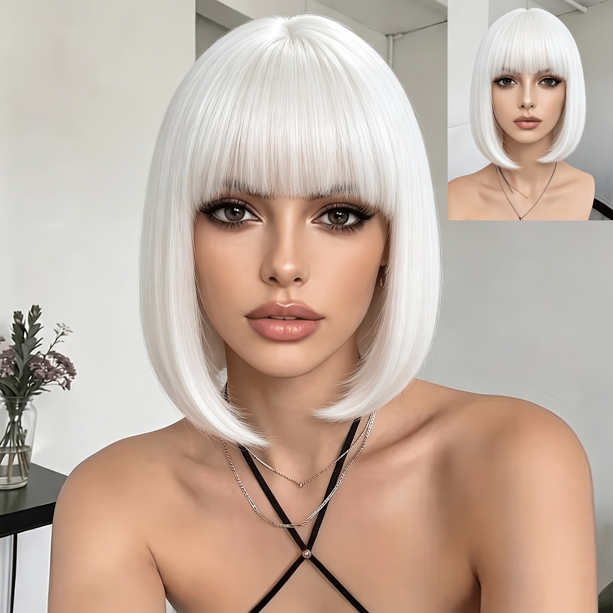 TEMU Perruque Bob à Frange Blanche Naturelle, 14 Pouces, Cheveux Courts et Raides pour Femme, Perruque en Fibre Synthétique pour , Séances Photo et
