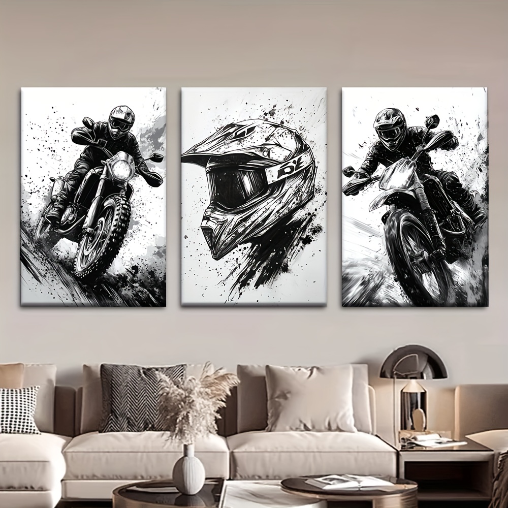 TEMU 3pcs/set, Canvas Painting--unframed, Dirt Bike, Helmet, Posters And Prints, Living Room, Library, Office, Cafe, Bar, Abstract Art, Perfect