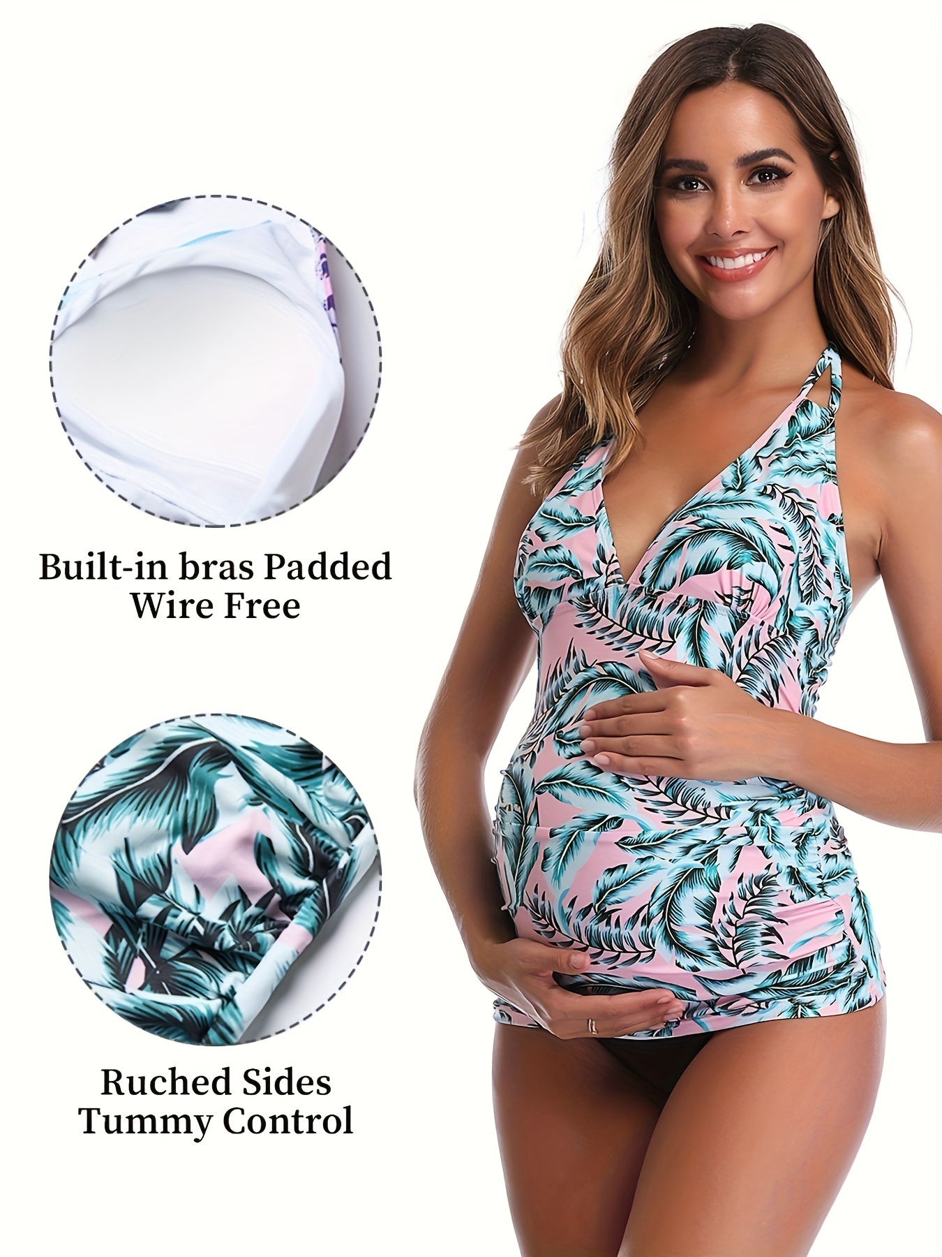 Maternity Tankini Swimsuit Criss Cross Back Bathing Suit Ruched Tie Side Pregnancy Swimwear Two Piece details 0