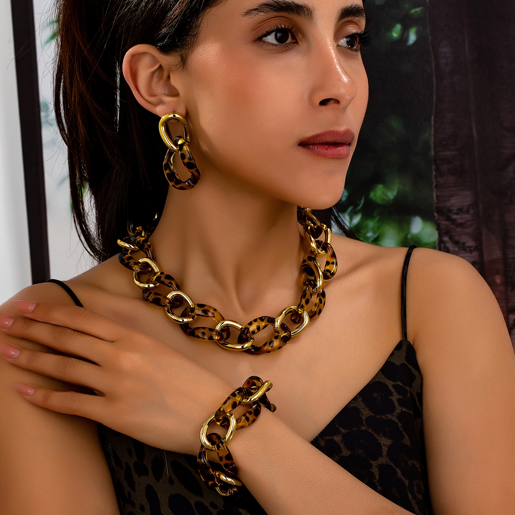 E-shop Ein Set aus Bohemian Leopard Print Elegantem, Vielseitigem Modischem Hochwertigem Armband, Halskette Ohrring-Set, geeignet für den täglichen