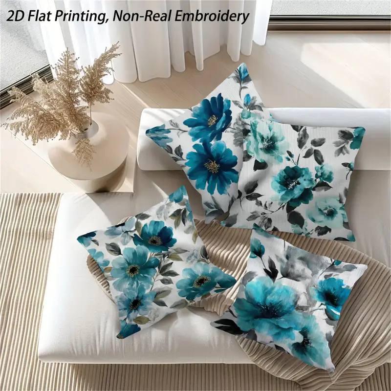 2d flat printing, 4pcs teal throw pillow covers, double-sided design, polyester, non-real embroidery, zipper, machine washable, contemporary style for sofa, bedroom, car, office decor - inserts not included, pillow for living room, beautiful modern cushion covers, bed pillows decor, sofa accessories, bedroom accents, floral pattern, durable fabric, covers, decorative pillows, interior designers, , 2d flat Product details 3