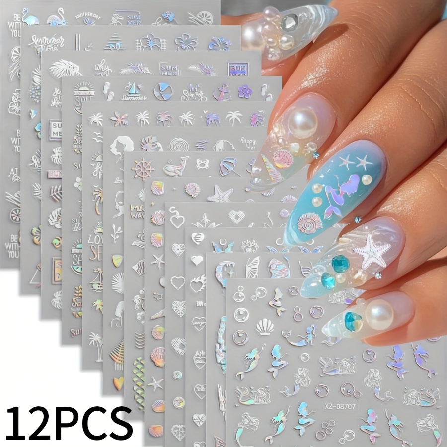 Image of 12 Sheets Summer Fashion Laser Nail Art Stickers- 3d Fantasy Self-adhesive Sliders Nail Decals For Manicure & Pedicure Glitter Embellishment, Nail Salon Decor, Nail Art Supplies