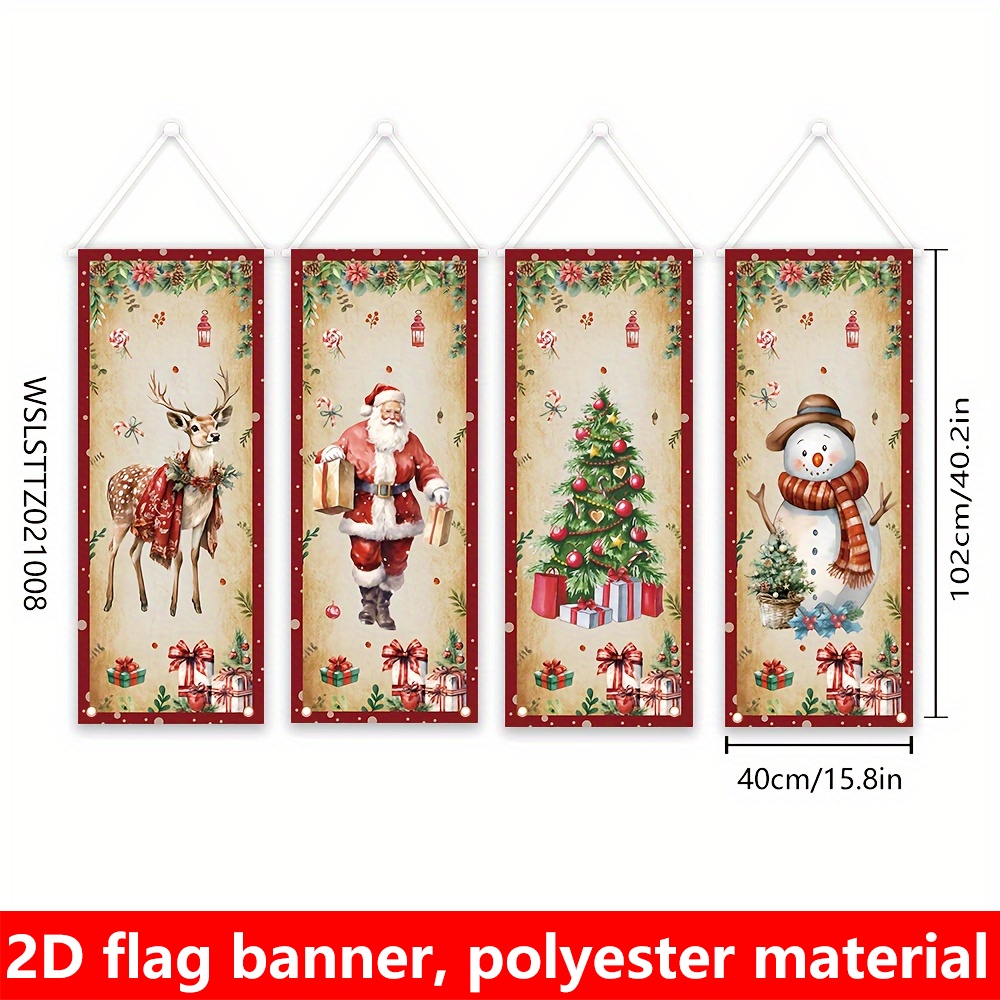 2d Flat, 2d Flag Banner, 4pcs, Christmas Set Banner, 40cm X 102cm/15.7in X 40.1in, Polyester Material, Suitable For Christmas Party Decoration And Home Furnishings, Indoor And Outdoor Wall Home Decor