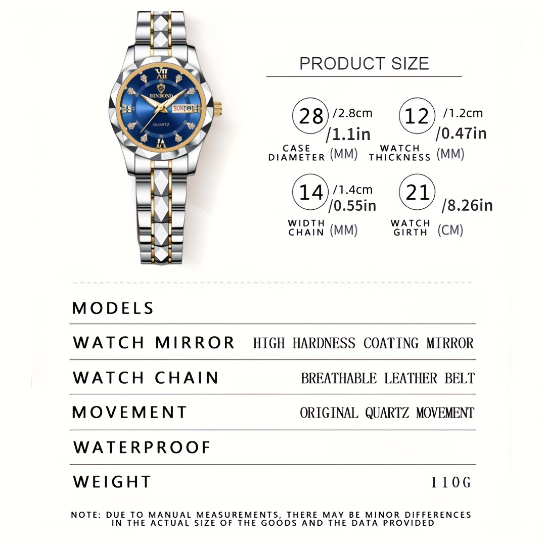 BINBOND Women's Light Luxury Quartz Watch with Night Glow, Double Calendar, Stainless Steel Band & Blue Dial - Elegant Casual & Formal Watch for Casual Attire