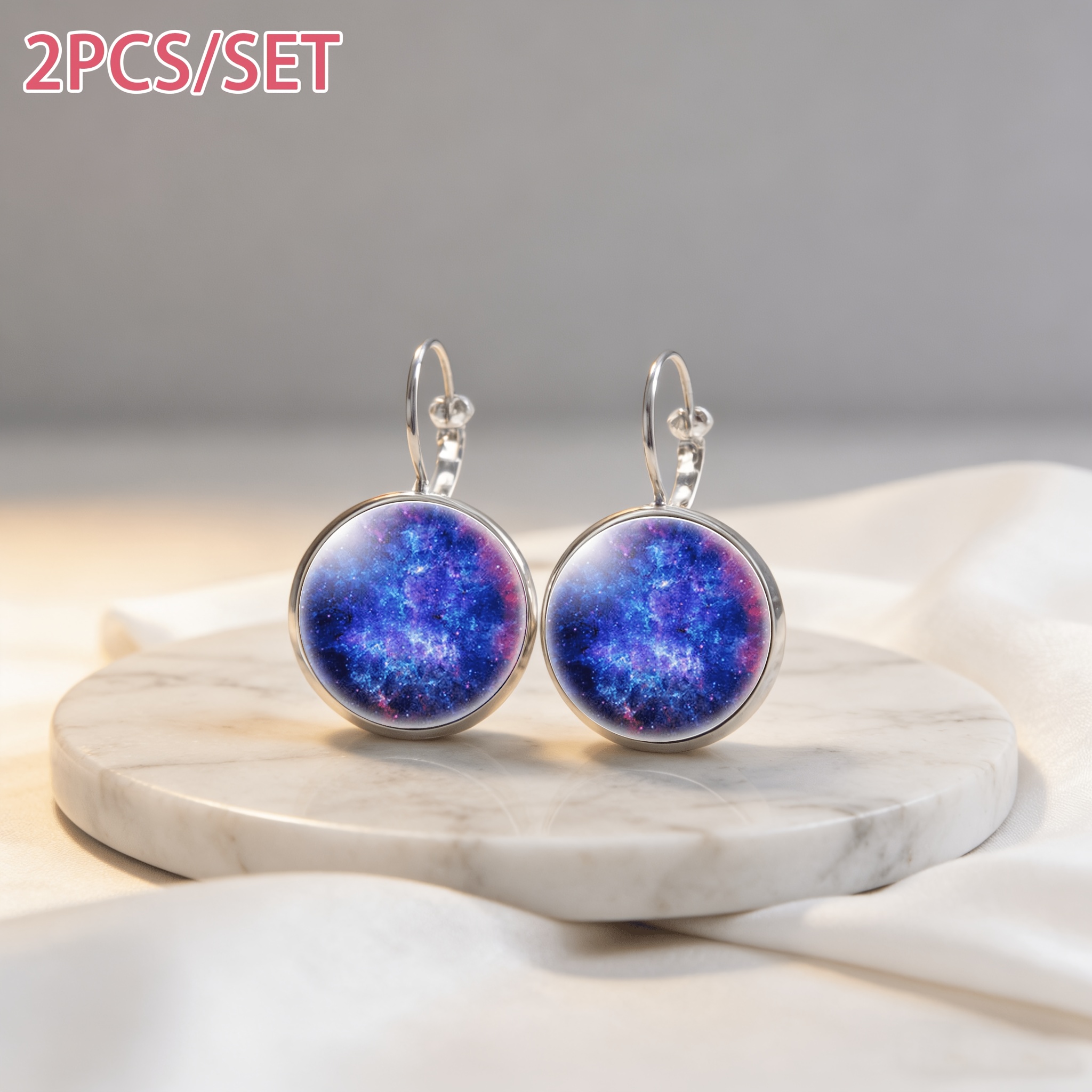 2pcs White French Ear Hook Earrings, Cosmic Nebula Design