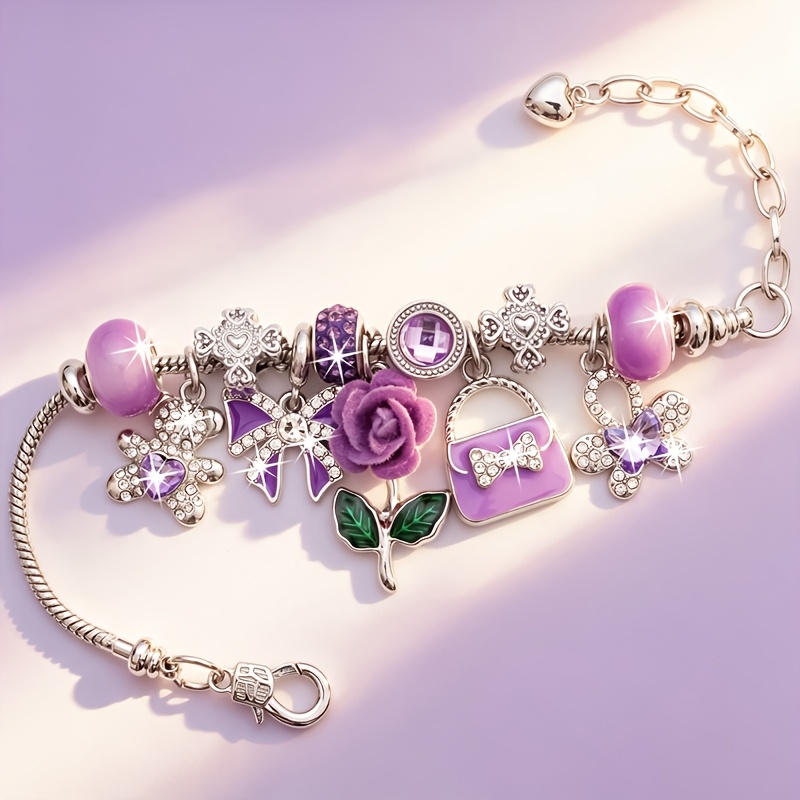 TEMU Adjustable Women's Bracelet With Purple Rose & Pavé Teddy Bear - September//december Birthstone Suitable For Weddings, Parties, Daily Wear, Gift