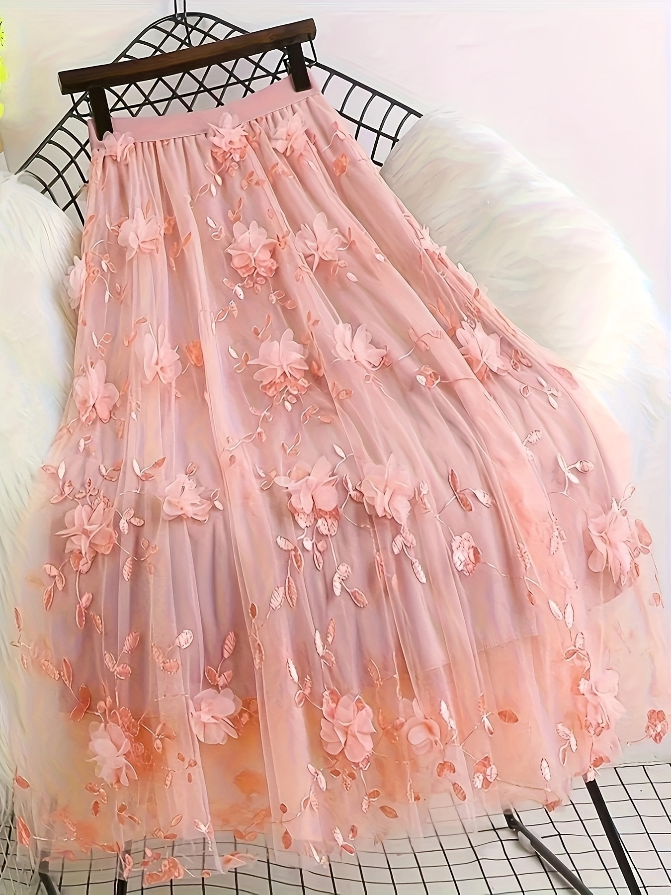 elegant floral embroidered double layer tulle a line skirt
