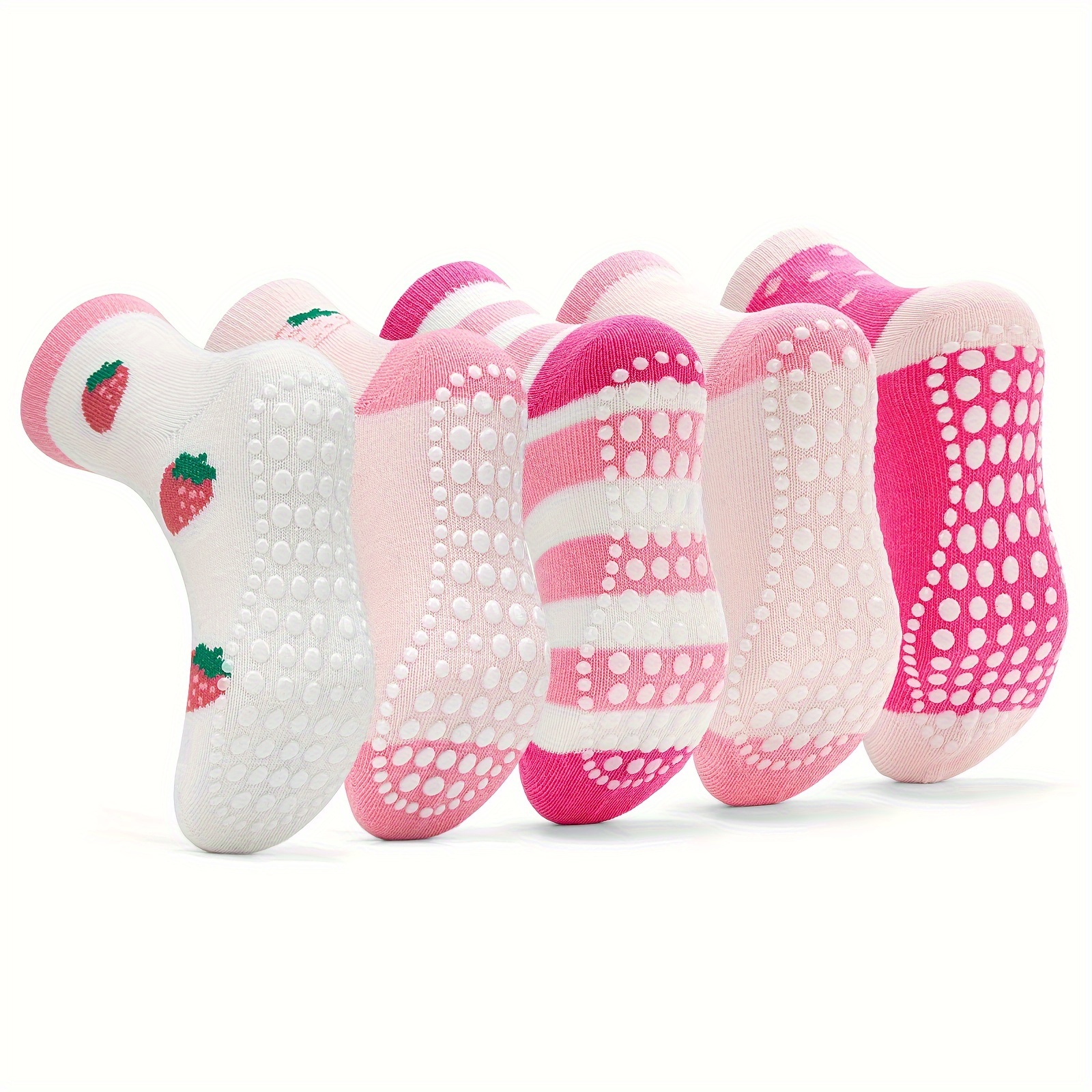 

5 Pairs Of Girl's Non-slip Socks, Cute Strawberry Striped Pattern, Bottom Rubber Dot Cotton Blend Comfy Breathable Soft Socks For Kids Wearing