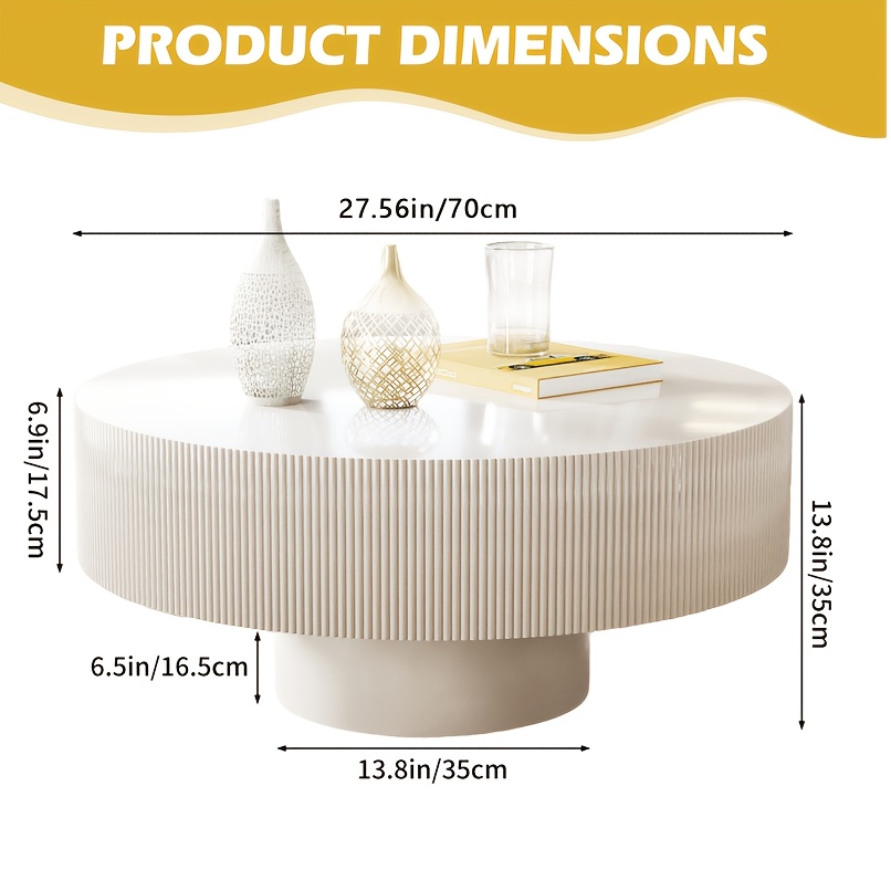 70cm Modern Round Coffee Table, Vertical Striped Drum Low Living Room Center Table, For Living Room, Office, 70 X 70 X 35cm