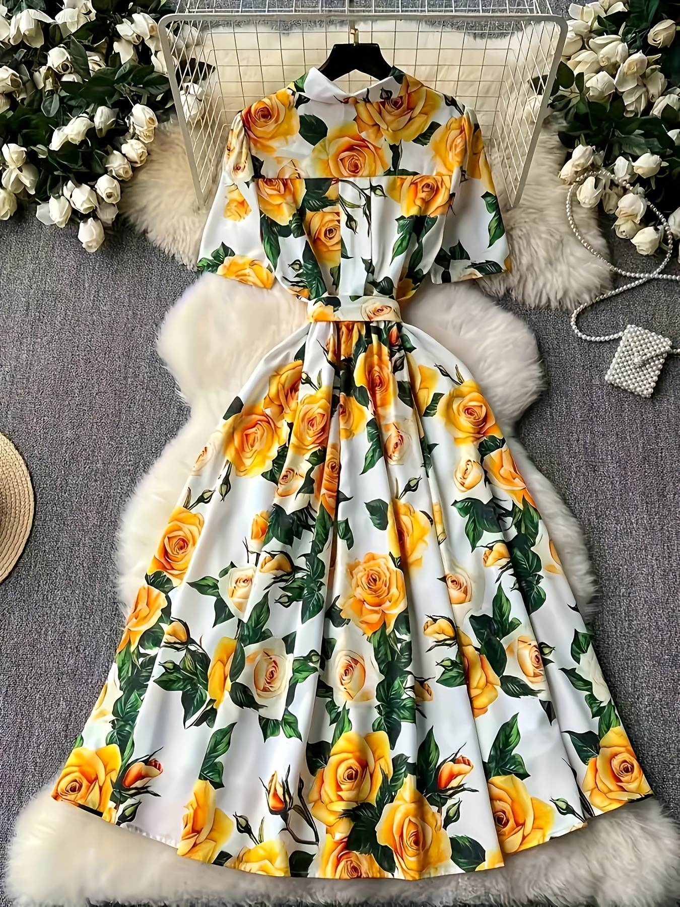 Elegant Floral Print Long Dress with Ruffle Waist, Sleeveless Button-Front  Design Spring/Summer/Fall Yellow Roses on White, High-Low Hem,