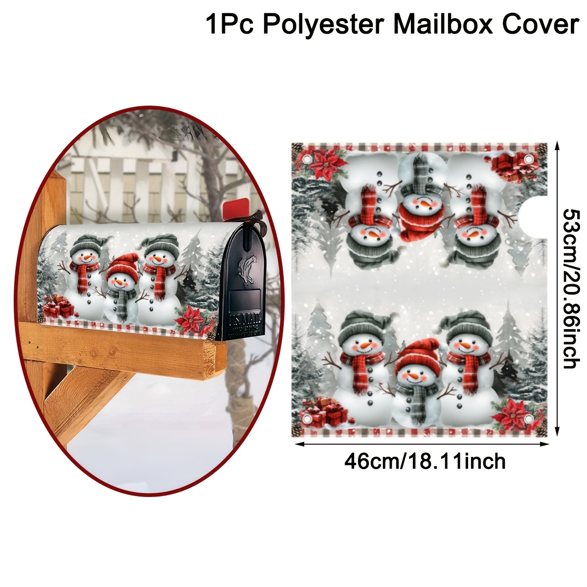 TEMU 1pc Winter Christmas Mailbox Cover 18x20 Inch - Snowman & Poinsettia Design Mail Wraps Durable Polyester Weather-resistant Outdoor Xmas Holiday