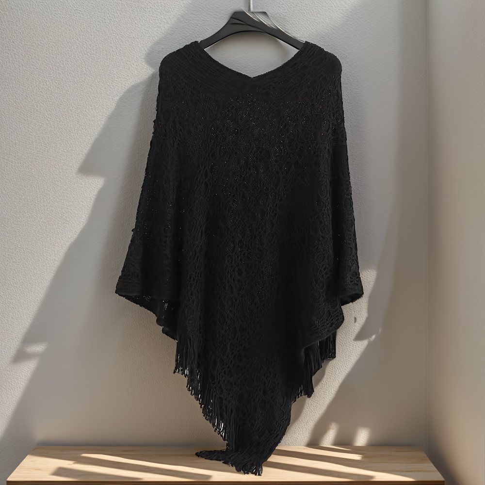 1pc Autumn Winter Fringe Cape Shawl Sweater Coat Women's Pullover Loose Hollow Batwing Top
