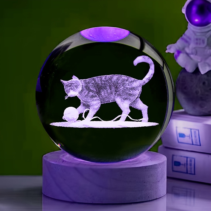 

3d Laser Engraved Cat Crystal Glass Ball With Colorful Led Light Base - Art Deco Style Tabletop Decor, Usb Powered Animal Theme For Wedding, Home, Office - 1pc Decorative Glass Sphere Gift