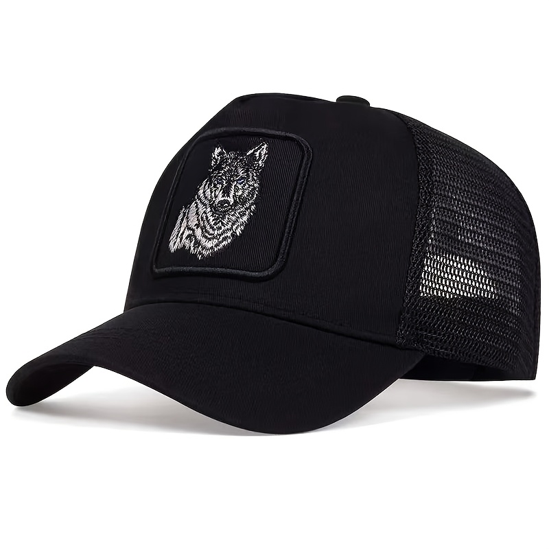 TEMU New Summer Animal Embroidery Baseball Cap, Cartoon Pattern Sunscreen Unisex Black Wolf Pattern Mesh Baseball Cap, Animal Pattern Cartoon Mesh