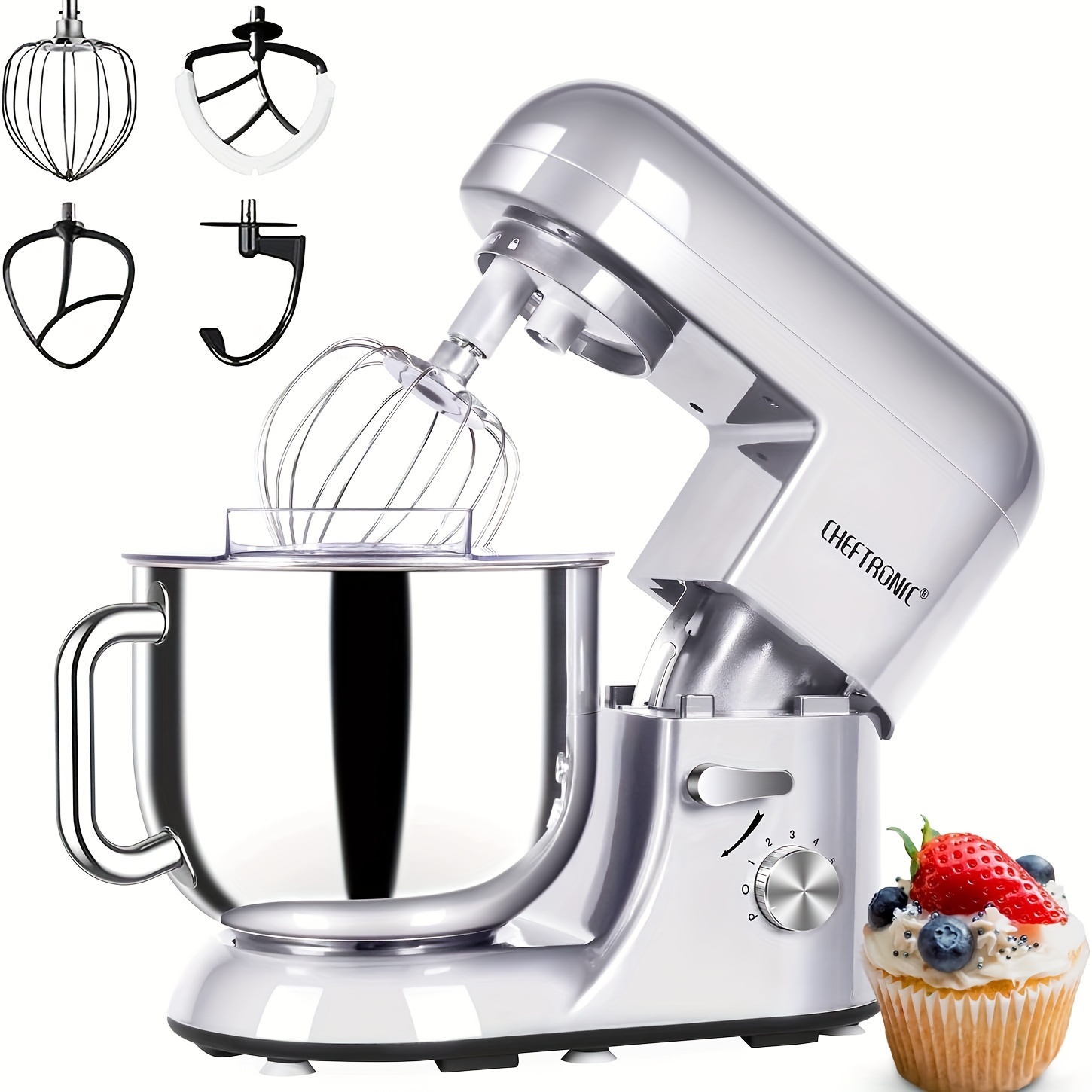 

Cheftronic Electric Stand Mixer, 7qt 650w 6speeds Tilt-head Dough Mixers, Bread Mixer With Dough Hook, Whisk, 2beaters, For Baking Bread, Cake, Cookie, Pizza, Muffin, Salad And More - Silvery