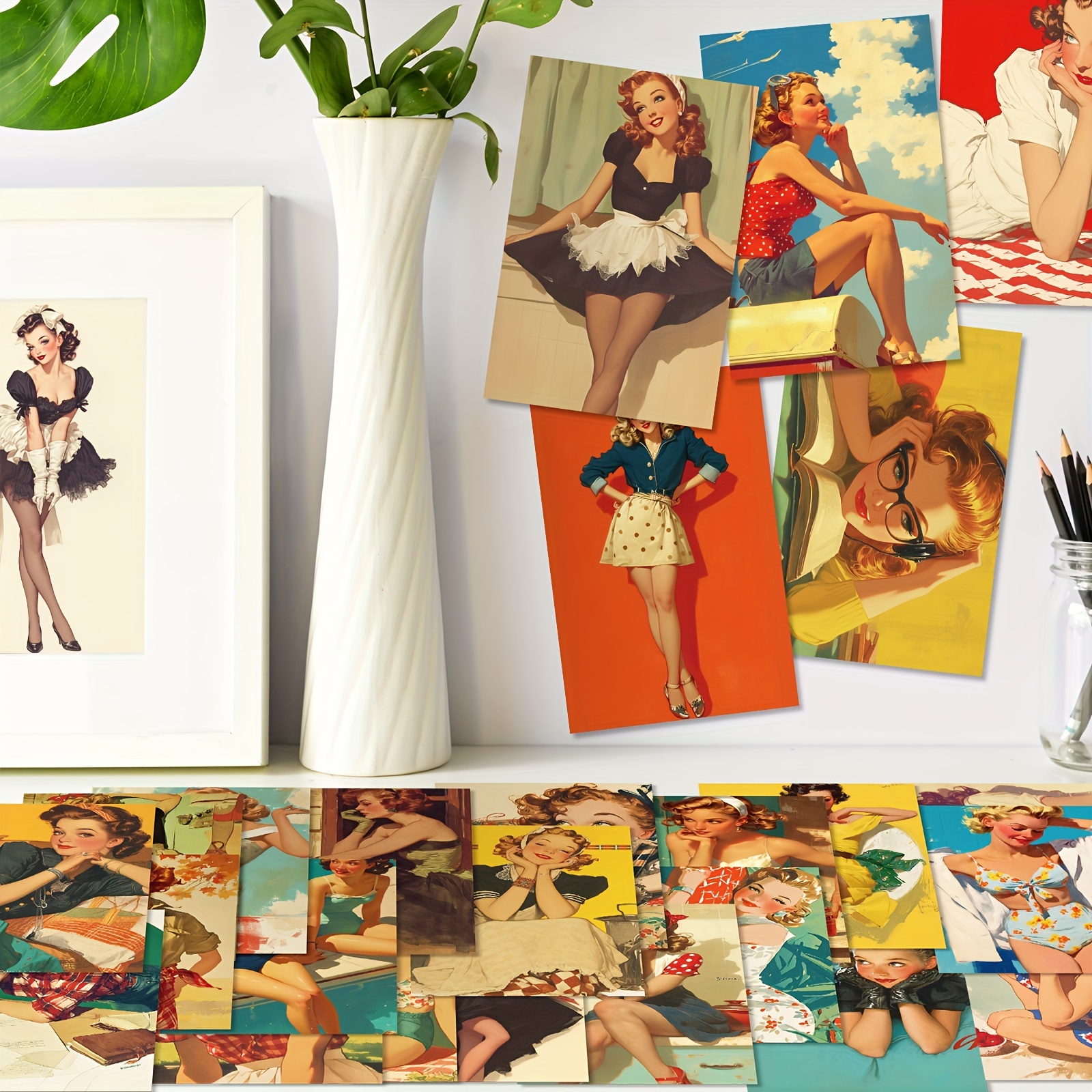 

chic Retro" 50 Vintage European Beauty Cards - Nostalgic Wall Art For Bedroom & Living Room Decor, Greeting Card Posters