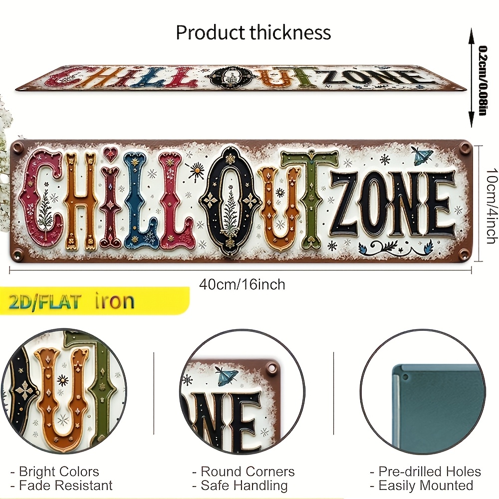 E-shop 2D-Flach, . Vintage „Entspannungszone“ Eisen-Metallschild – Rustikale Bauernhaus-Wandkunst mit floralen Akzenten, 40,64x10,16cm wetterfeste
