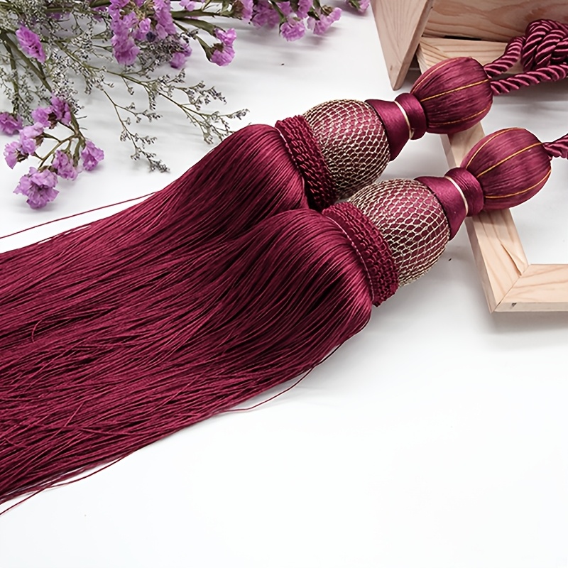 TEMU 2pcs Luxury Texture High-end Curtain Tassel Ornaments - Glossy Satin Long Fringe With Vintage Metal Woven Texture Decorative Beads, Curtain