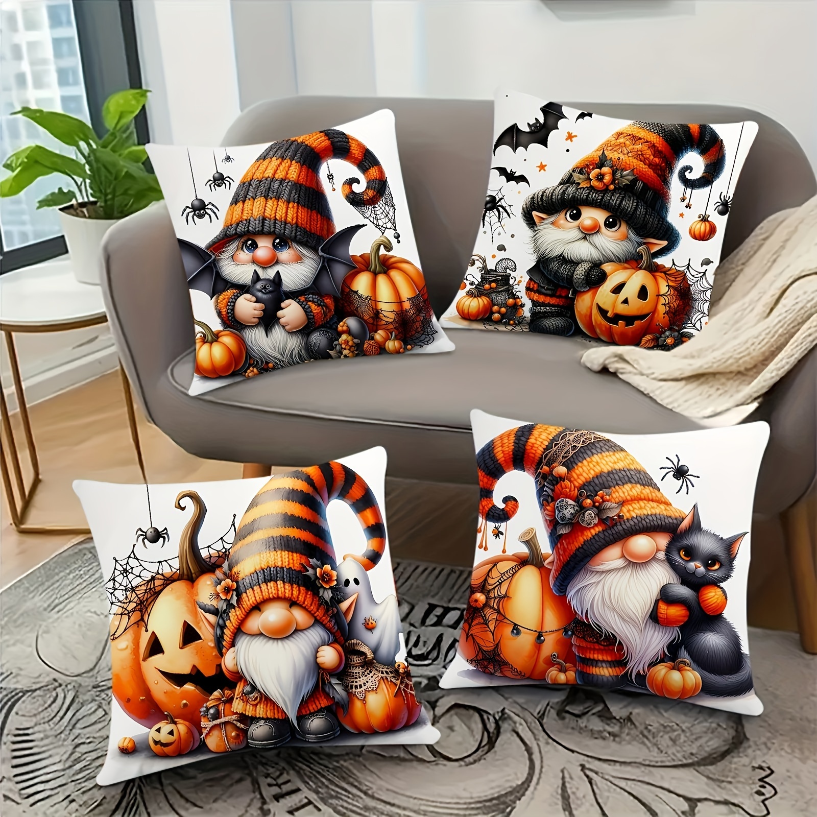 

Gnome And Pumpkin Linen Throw Pillow Covers, 4-piece Set, 18x18 Inches - Contemporary Style, Zipper Closure, Machine Washable, Woven Polyester For Various Room Decor