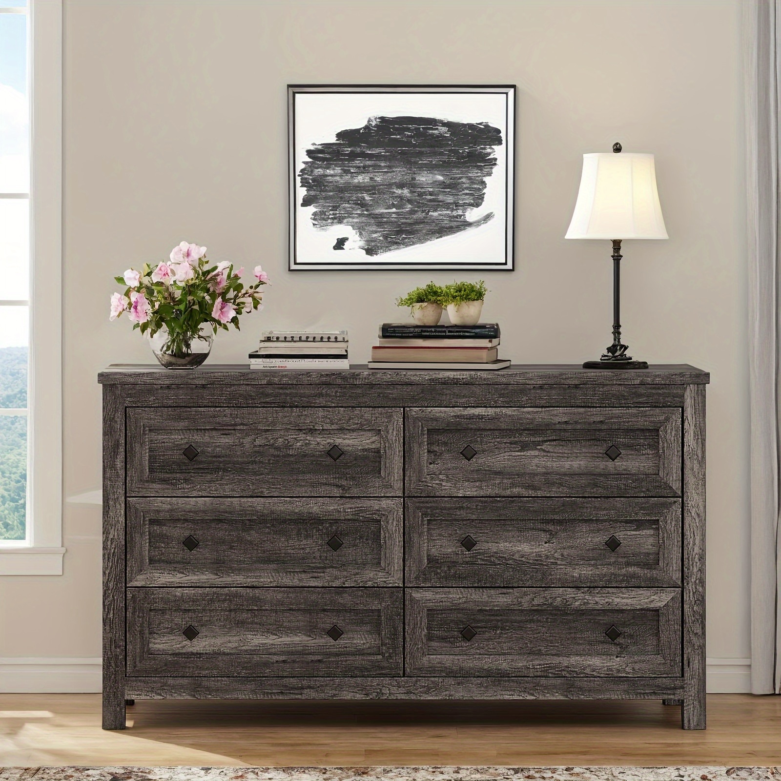 TEMU 54-inch Farmhouse Dresser With 6 Drawers Featuring A Vintage Wood End, Perfect For Storing Items In The Bedroom, Living Room, Or Hallway