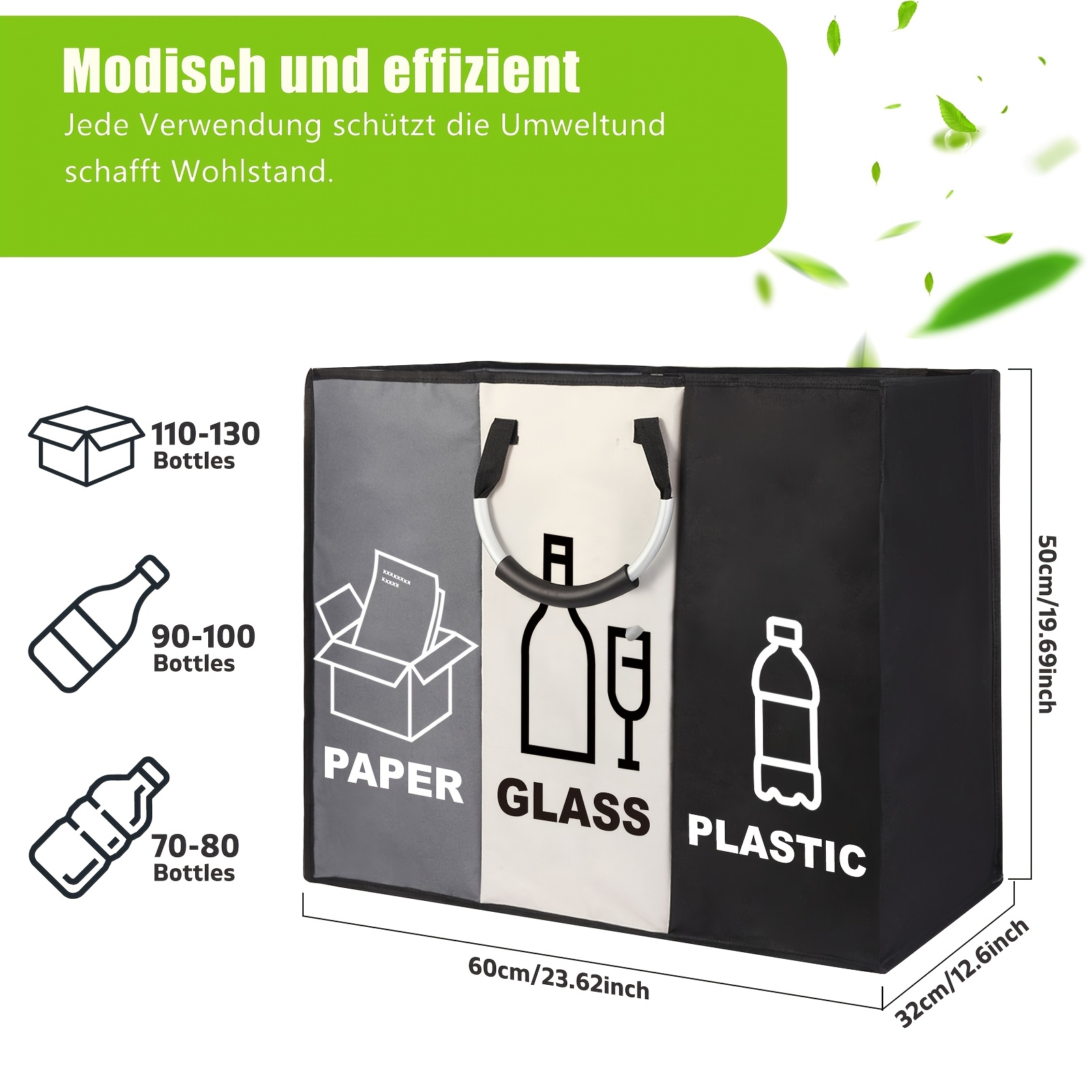 Image of Tavaler Foldable 3 Section Waste Sorting Basket With Comfortable Grips, Reusable Organizer For Trash, Laundry, Storage, Ideal For Kitchen Garage Garden