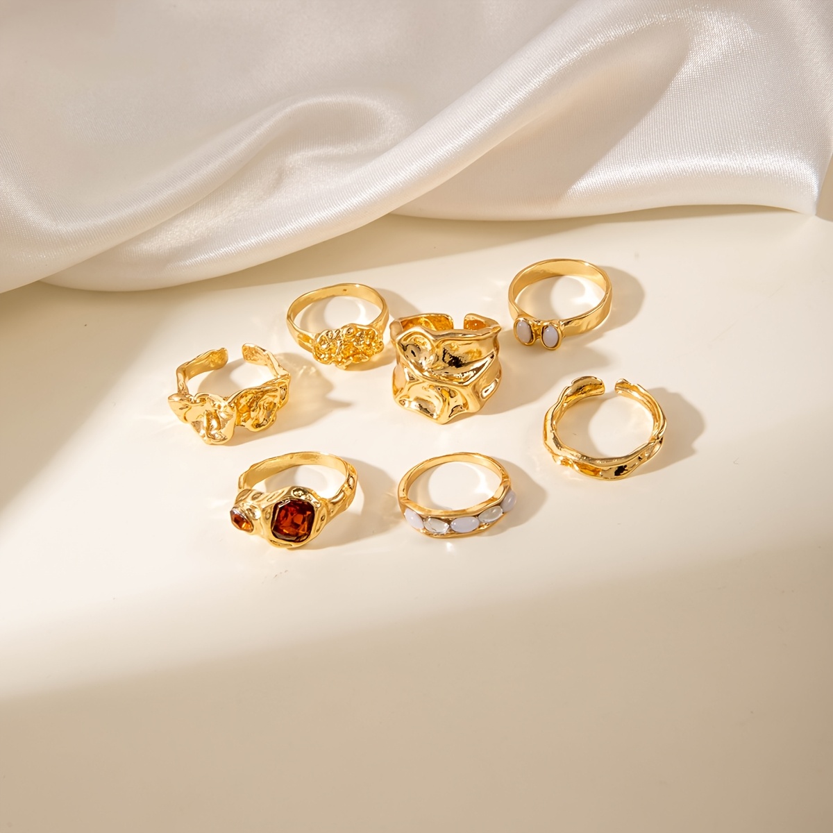 7pcs Luxurious Square Imitation Gemstone Ring Set
