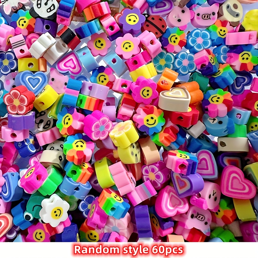 Image of 120/60pcs 10mm-11mm Random Style Vibrant Round Clay Beads - Assorted Animal, Heart & Flower Patterns For Making - Perfect Craft Supplies Ideal For Unique Bracelets, Necklaces, Earrings, And Charms