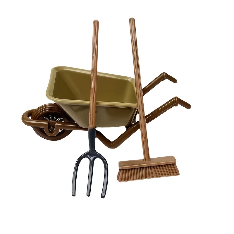 Image of Set Of 3, Miniature Dollhouse Cart Model, -down Dollhouse Farm Outdoor Cart And Broom Model, Colors