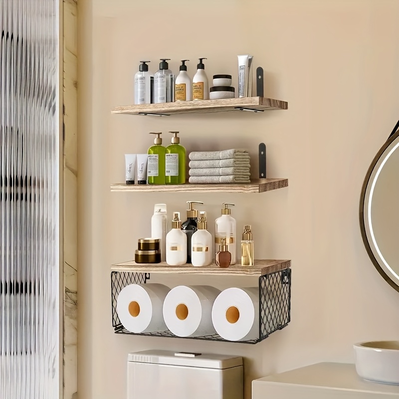 TEMU 3-tier Floating Wall-mounted Shelf With Storage Basket - Space-saving Design Above Toilet, Sturdy Wooden Shelves And Metal Frame, No , Suitable