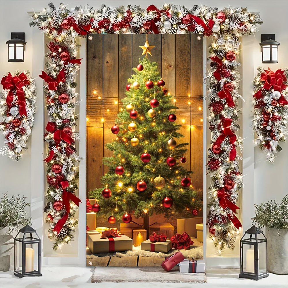 

1pc Christmas Door Cover Banner, Polyester, Golden Christmas Tree Pattern, And - With 4 Holes For Easy Hanging, Suitable For Christmas New Year Winter Wall Decoration 70*35inches