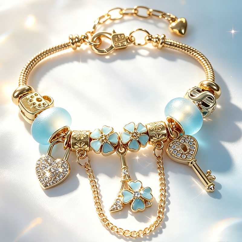 TEMU Women's French-themed Diy Beaded Snake Chain Bracelet With Eiffel Tower, Heart Lock Key & Clover Pendants - Adjustable Golden-tone Suitable For