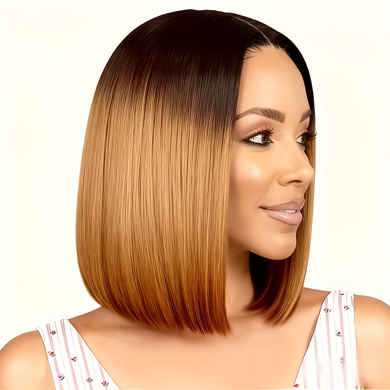 Fashionable 12-Inch Black to Yellow Ombre Women's Bob Wig, Middle Part Style, Glueless Heat Resistant, Natural Look, Breathable and Comfortable, Versatile Wig for All Ethnicities and Skin Tones, Suitable for Festivals and Daily Wear