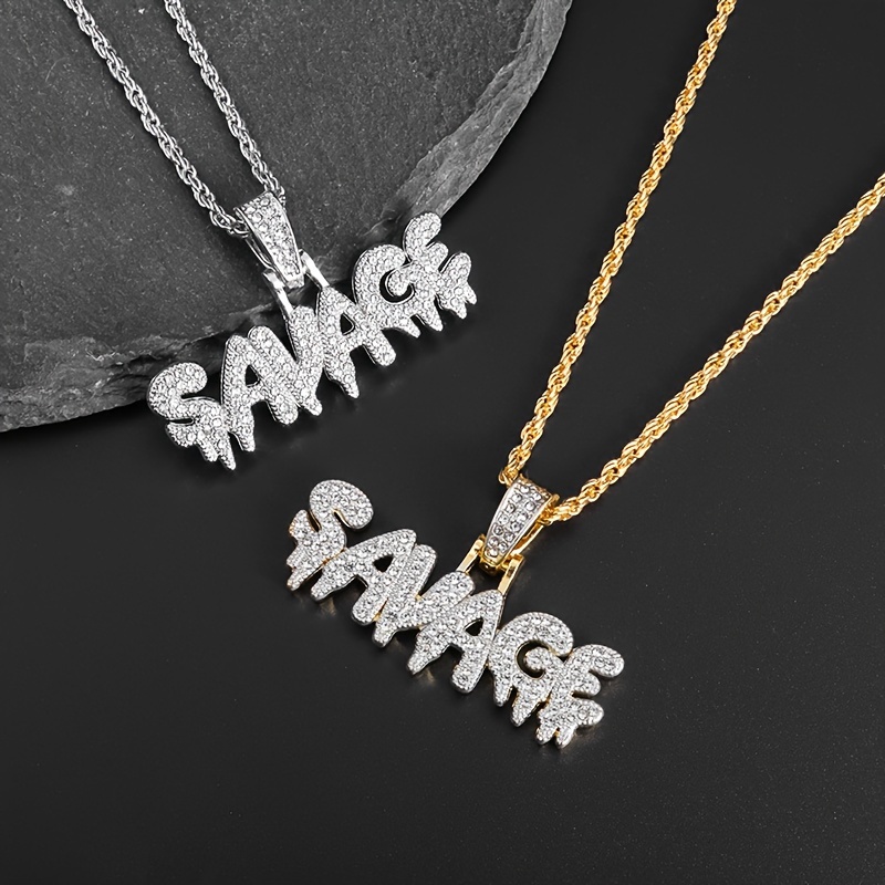 

1pc Hip Hop Ice Out Alphabet Savage Pendant Necklace Cool Men And Women Hip Hop Rock Rap Jewelry Gift