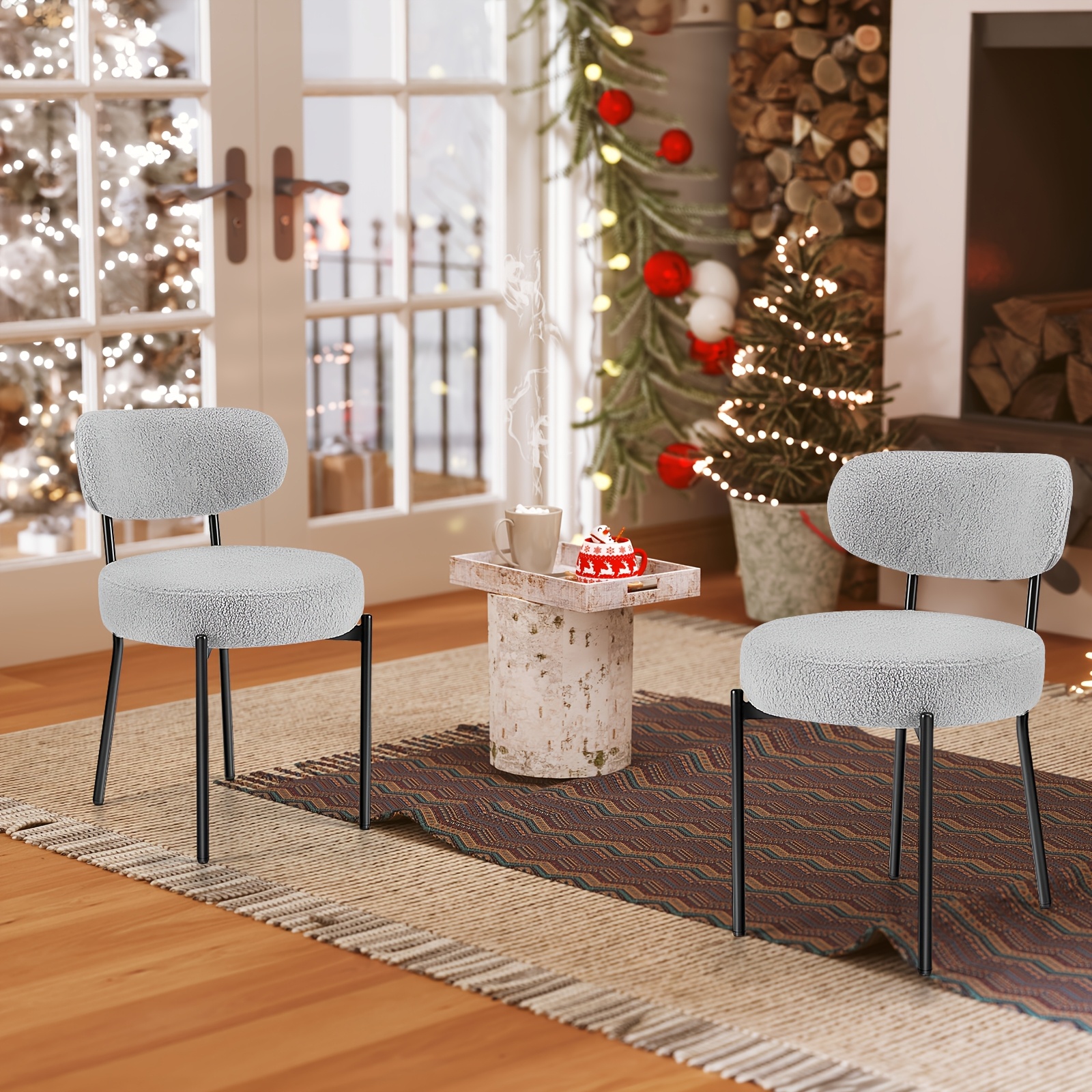 exclusive Modern Dining Chairs Suitable for - Boucle Upholstered Kitchen Chairs with Curved Backrest & Metal Legs, Soft-Padded Sponge, Space-Saving Round Table Seats for Living Room,, Hard Compatible (Ideal for Small Spaces)