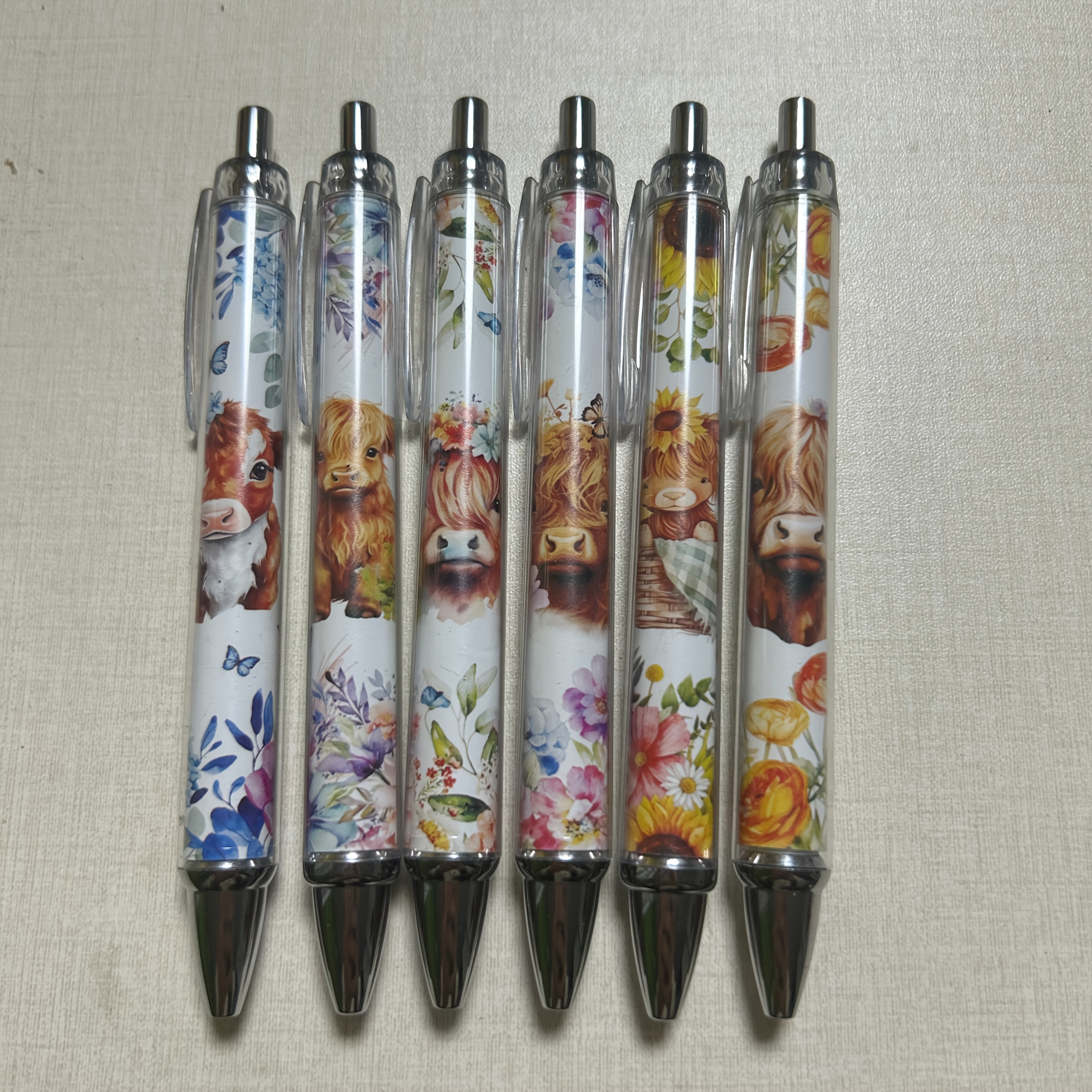 Image of 6pcs Highland Cow Pens Set | Cow Print Pen Kawaii Cute Supplies Accessories Items Stationary For School Home Office Desk Planner Pencils Decor Things Themed Lover Gifts Gift For Her