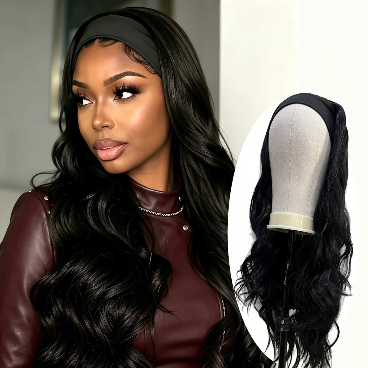 TEMU Perruque synthétique résistante à la chaleur XRANB pour femmes, adaptée aux personnes noires - Perruque à bandeau avec cheveux bouclés ondulés,