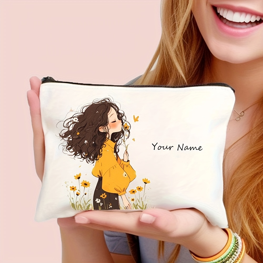 TEMU Customizable Polyester Makeup Bag With Cute Twin-tail Motivational Print - White Zippered Cosmetic Pouch, Portable And Durable, Unisex Makeup