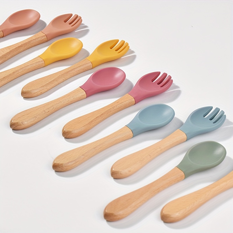 

Food Grade Silicone Spoon, Complementary Food Special Wooden Handle Fork And Spoon, Training Feeding Tableware 2pcs Set