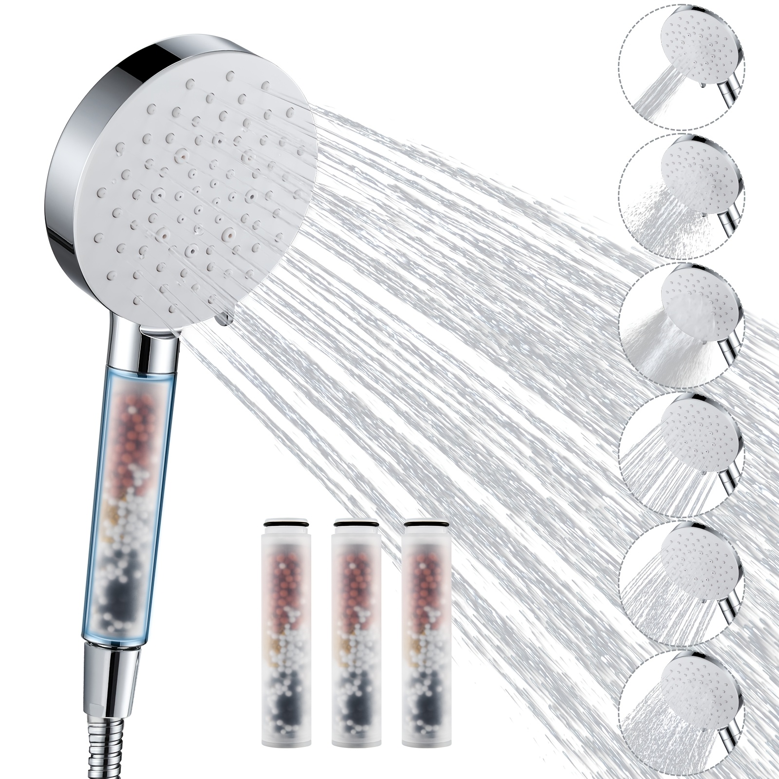 Image of Six-function Filter Handheld Shower Set (chrome Color + White) - Includes 4 Replacement 5 Meter Hose