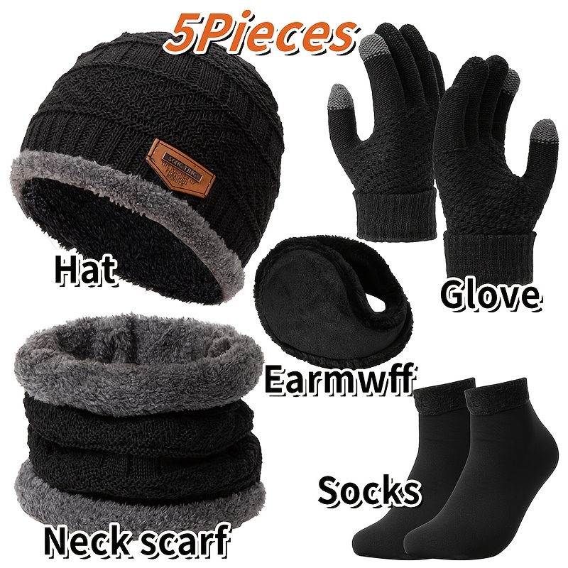 

Men's Winter Outdoor Hat Set, Featuring A Plush-lined Beanie, Gloves, Ear Muffs, And Non-slip Socks, To Offer Protection In Extremely Cold Weather.