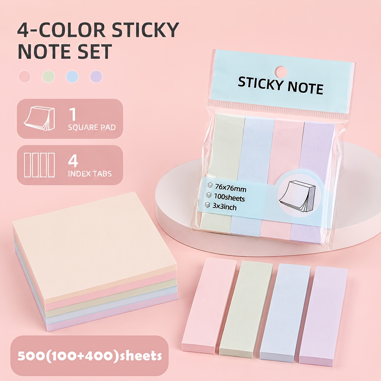 TEMU Set di 500 pezzi di foglietti adesivi estetici | colori Morandi | note autoadesivo super adesivo + linguette (4 foglietti colorati e segnalibri)